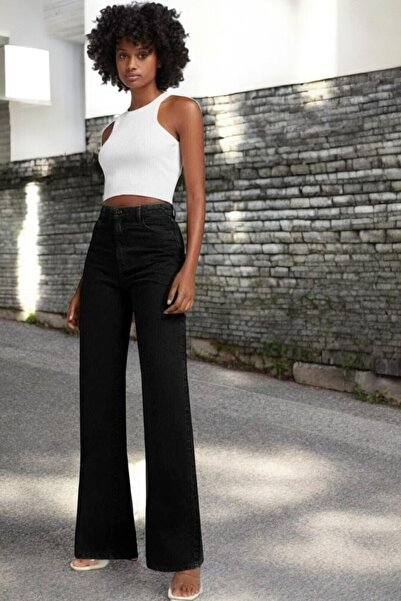 Livik Μαύρο γυναικείο ψηλόμεσο τζιν παντελόνι με φαρδιά μπατζάκια