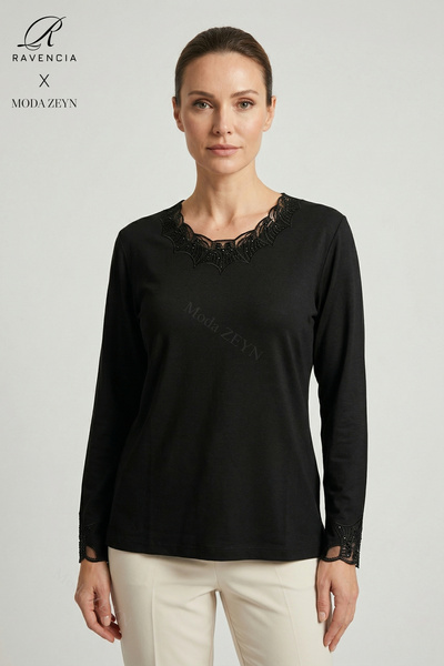 Ravencia Women's Lace Collar and Sleeves Embroidered Stone Detailed Lycra Mot...