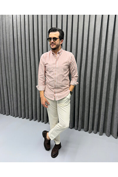 Avni Ceylan Men's Summer Thin Striped Burgundy Shirt