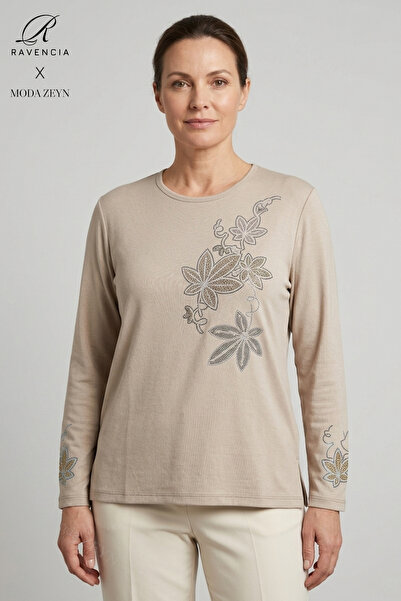 Ravencia Women's Colorful Floral Leaf Patterned Collar and Skirt Stoned Embro...