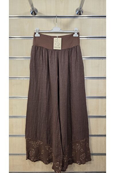 Park Moda Λινό παντελόνι με δαντέλα και λεπτομέρειες από πούλιες