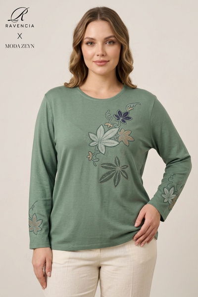 Ravencia Women's Colorful Floral Leaf Patterned Collar and Skirt Stoned Embro...