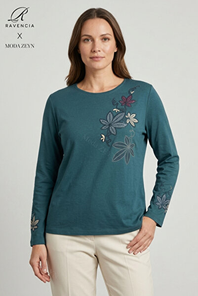 Ravencia Women's Colorful Floral Leaf Patterned Collar and Skirt Stoned Embro...