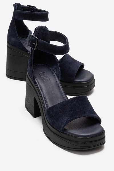 LuviShoes Γυναικεία πέδιλα με τακούνι από γνήσιο δέρμα MARGOT Navy Blue Suede