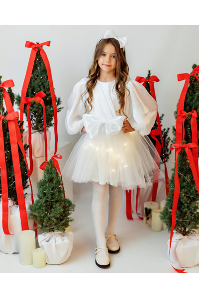 fustite cu luminite Λευκό Φόρεμα με Λευκό Φιόγκο - 10-12 ετών (140-152 εκ.)