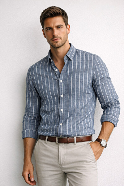 Polo State Men's Regular Fit Indigo Striped Linen Look Shirt