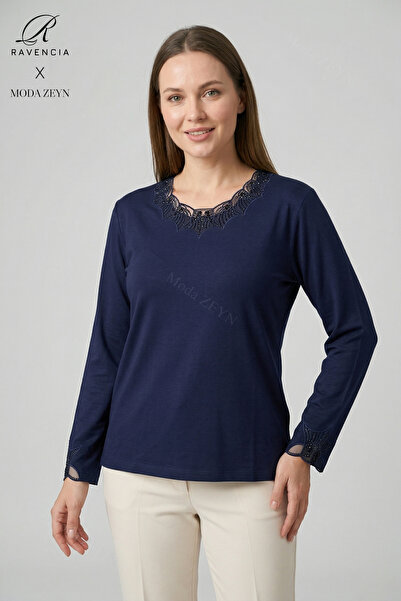 Ravencia Women's Lace Collar and Sleeves Embroidered Stone Detailed Lycra Mot...