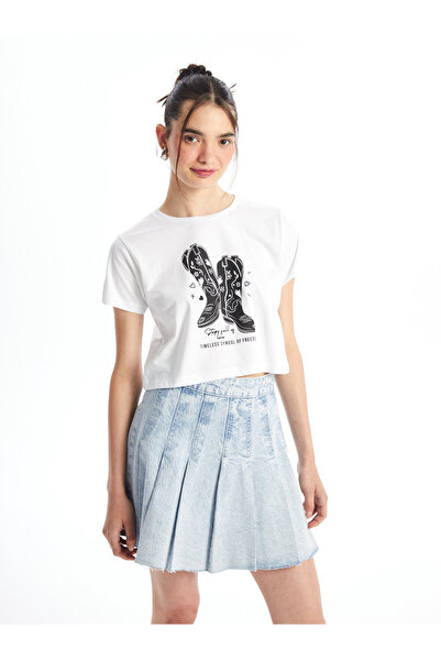 LC Waikiki Crop top de damă cu guler rotund, imprimat, cu mânecă scurtă