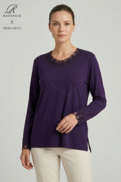 Ravencia Γυναικεία μπλούζα από χτενισμένο βαμβάκι με δαντελωτό γιακά και κέντ...