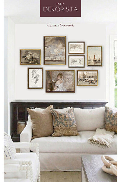 HOME DEKORİSTA Çerçeveli CAMSIZ Vintage 8’li Tablo Seti , Vintage Tablo, Manz...