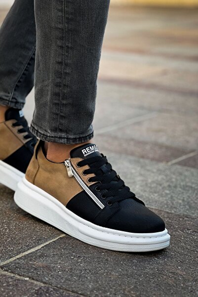pabucmarketi Lace-Up Zippered Men's Sports Shoes Black Mink Suede