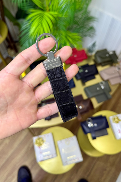 CüzCan Siyah Croco Hakiki Deri Premium Anahtarlık Kişiye Özel İsim Baskılı