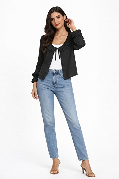 LE CARAMBOLE Γυναικεία ζακέτα με μαύρο γιακά και λεπτομέρεια βολάν