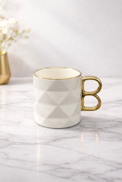 YzHome Porselen Yaldızlı Gold Detaylı Harfli Kupa Harf Bardak 220ml