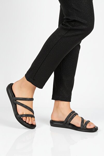 Aspor Black Stone Embroidered Women's Flat Slippers