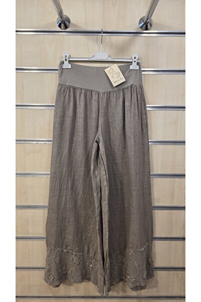 Park Moda Λινό παντελόνι με δαντέλα και λεπτομέρειες από πούλιες