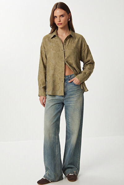 Lovelyİstanbul Textured Transparent Oversize Woven Shirt Lci0066 Olive Green