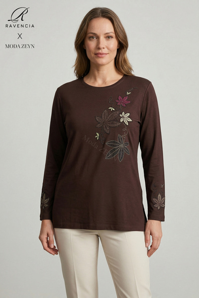 Ravencia Women's Colorful Floral Leaf Patterned Collar and Skirt Stoned Embro...