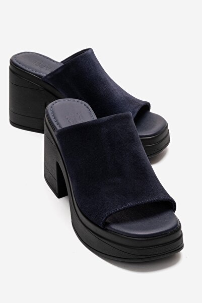 LuviShoes Nola Navy Blue Suede Genuine Leather Women's Thick Heeled Slippers