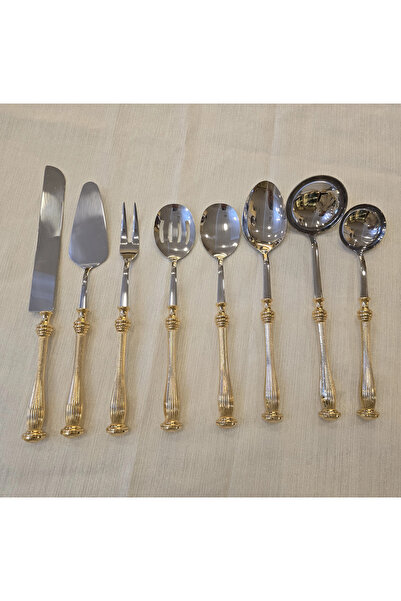 alya home aksesuar 8 Parça Linda Altın Servis Seti – Pasta, Salata ve Sunum K...