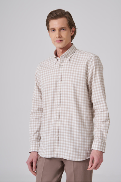 Morven Cămașă pentru bărbați, bej, din bumbac, în carouri, croială normală, c...