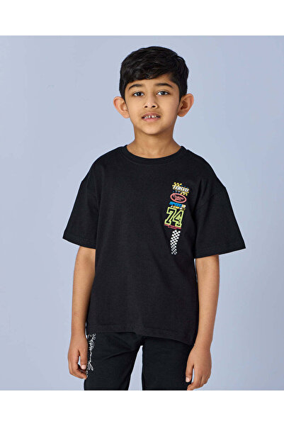 REDTAG Boys Black Placement Print T-Shirt