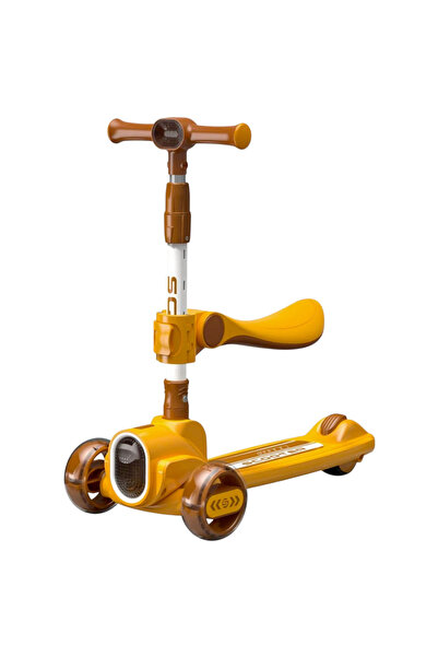 CWT Trotinetă galbenă 2022, cu scaun, 3 roți cu LED-uri, muzică, pliabilă, re...
