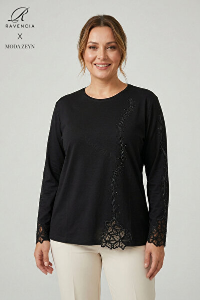 Ravencia Γυναικεία δαντελωτή μπλούζα με σχέδιο ριγέ, κεντημένη με πέτρες, με ...