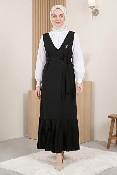 FERHEL Φόρεμα με πλισέ φούστα, λαιμόκοψη V και ζώνη - Μαύρο