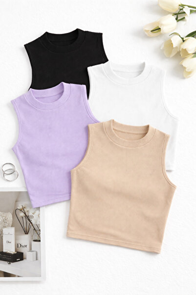 CATSPY Γυναικείο Σετ 4 τεμαχίων Crop Athlete Ριμπ Αμάνικη Βασική Μπλούζα – Κα...