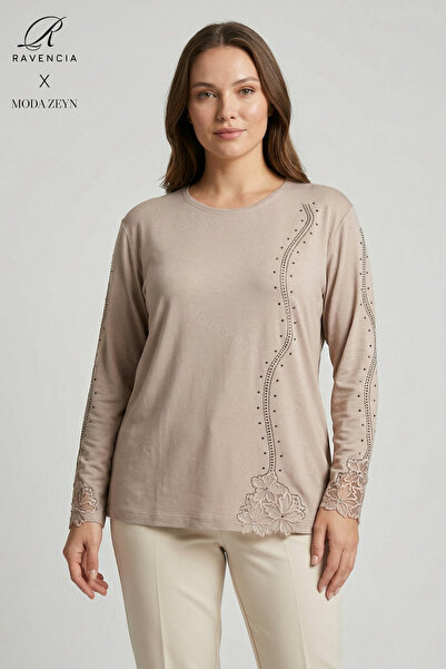 Ravencia Γυναικεία δαντελωτή μπλούζα με σχέδιο ριγέ, κεντημένη με πέτρες, με ...