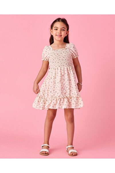 REDTAG Girls Ivory Printed Square Neck Smocked Dress