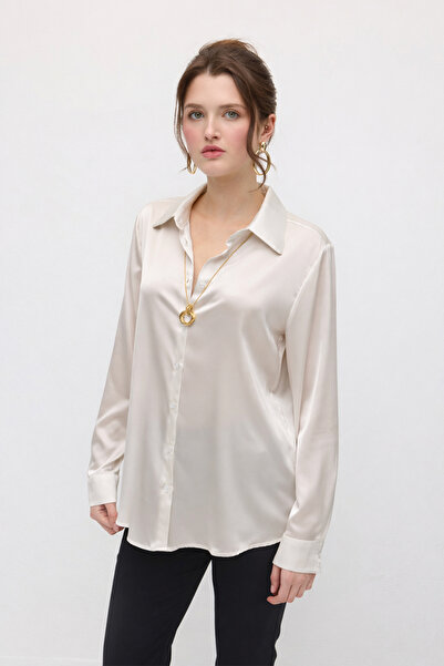 Gusto Silky Satin Classic Cut Shirt - Stone