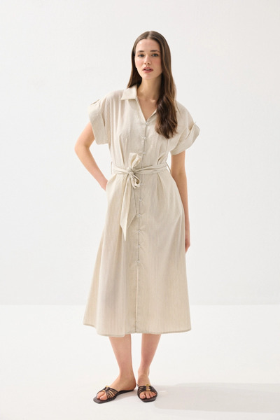 Gusto Beli Kemerli Lyocell Keten Uzun Elbise - Bej