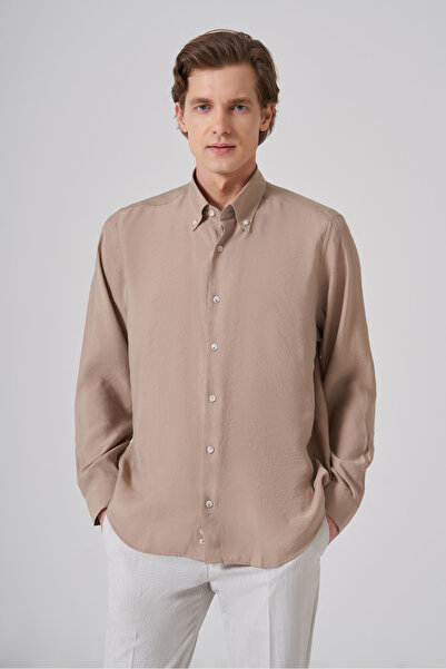 Morven Men's Beige Dynamic Fit Buttoned Collar Shirt Modal