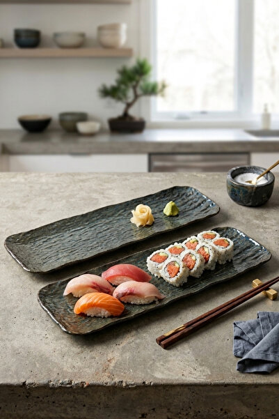 İREA PORSELEN Wood Sprout 41 cm Porcelain Sushi Presentation Plate 2 Pieces