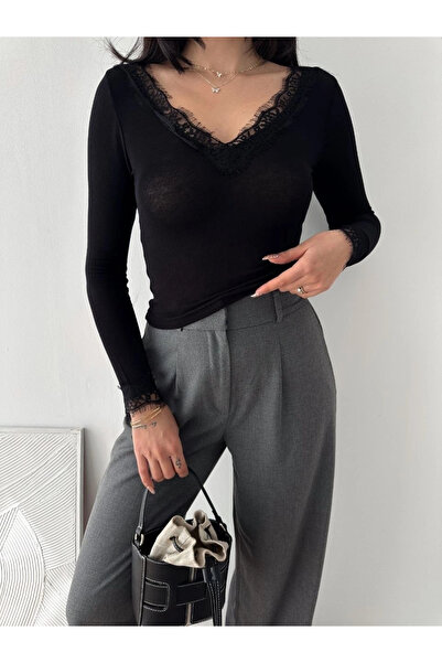 Alfanora Women's Lace Detailed V-Neck Back V-Neck Cashmere Textured Long Slee...