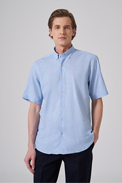 Morven Мъжка риза А. СИНЬО с къс ръкав, стандартна кройка, с яка с копчета