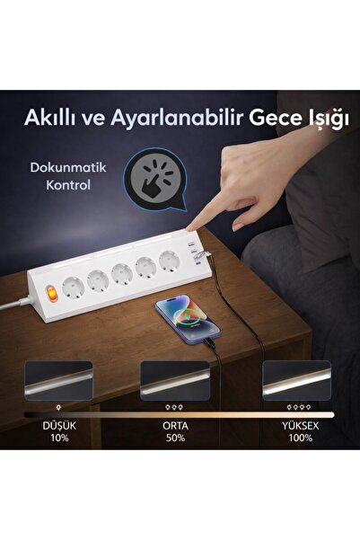 SMAYLİNG 5’li Akım Korumalı Köşe Çoklu Priz 2 USB-A 2 USB-C Gece Işıklı Dokunmatik 2 Metre Kablolu 3680W