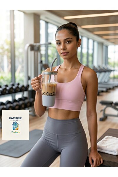 KACHKIRHOME Pipetli Bardak Kulplu Cam Spor Fit Rengini seç Pembe Lila Gri Siyah