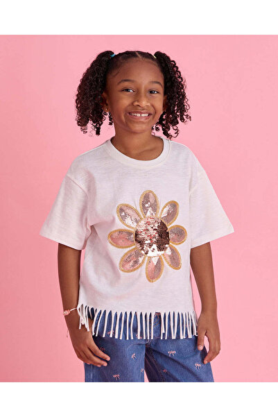 REDTAG Girls White Floral Sequin T-Shirt