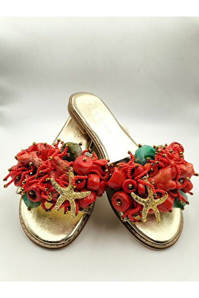 Yaseminli Butik Coral-Colored Natural Stone and Bead-Embellished Slippers on ...