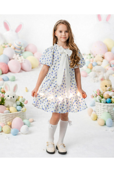 fustite cu luminite Λευκό φόρεμα με μπλε λουλούδια, για το σχολείο, το νηπιαγ...