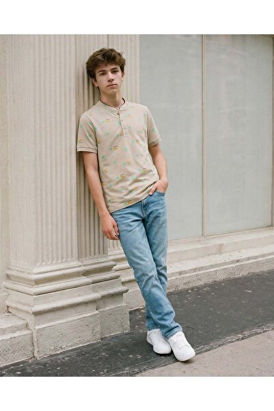 REDTAG Boys Beige Printed Polo T-shirt