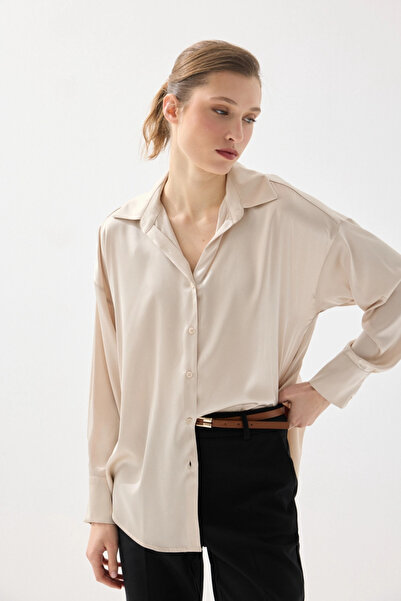 Gusto Silky Satin Relaxed Fit Shirt - Beige