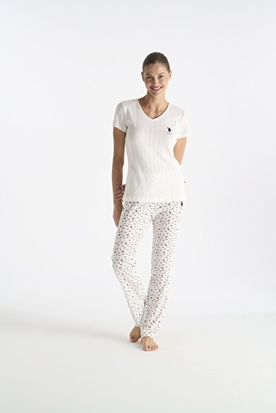 U.S. Polo Assn. 20275 Γυναικείο σετ πιτζάμες εκρού με κοντό μανίκι και λαιμόκ...