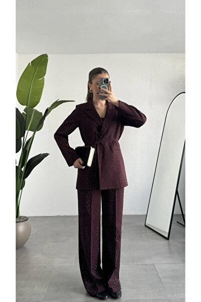 asfamoda Γυναικείο σετ μπλέιζερ και παντελόνι σε μπορντό χρώμα με λάμψη, κομψ...