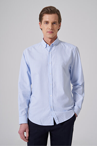 Morven Men's A. Blue Cotton Trendy Striped Dynamic Fit Button-Down Collar Shirt