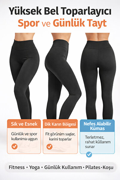 colizon Yüksek Bel Toparlayıcı Spor Tayt Siyah Esnek Fitness Yoga Günlük Kadı...