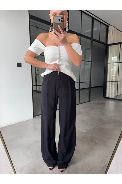 BB Bensu Buyruk Πλισέ Παντελόνι Παλάτσο Μαύρο